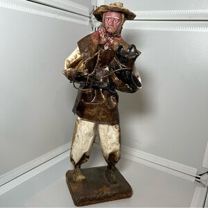 Vintage Handmade Mexican Folk Art Paper Mache Sculpture Figurine Pig Farmer Deco